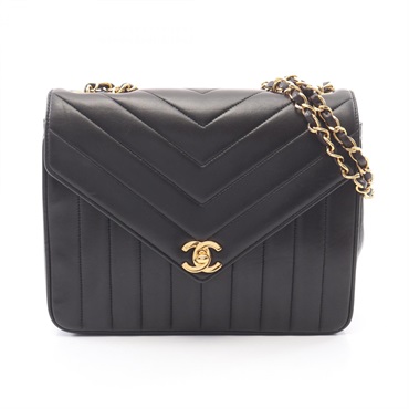 CHANEL V stitch Mademoiselle chain Shoulder Bag Lambskin Black Used Women GHW