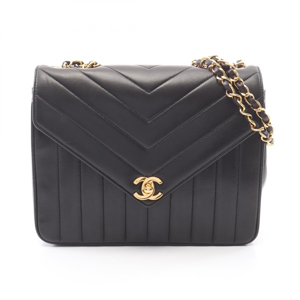 CHANEL V stitch Mademoiselle chain Shoulder Bag Lambskin Black Used Women GHW