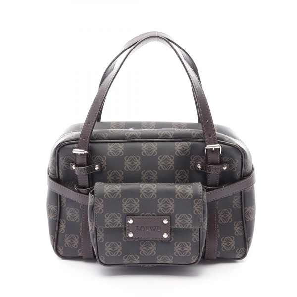 LOEWE anagram Handbag canvas leather Black Brown Used Women