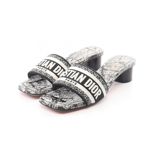 Christian Dior Dway Logo Heeled Mule Sandal Shoes #36 canvas Black White Women