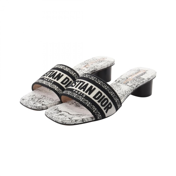 Christian Dior Dway Logo Heeled Mule Sandal Shoes #37 canvas Black White Women
