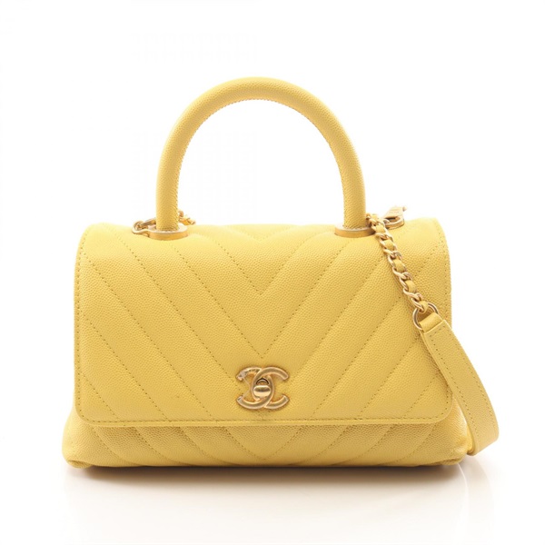CHANEL Coco Handle Flap Shoulder Handbag A92990 Leather Yellow Used GHW CC