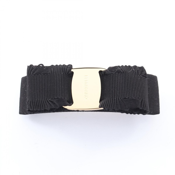 Salvatore Ferragamo Vara ribbon Valletta 662681346972 Gold Plated canvas Blk NEW