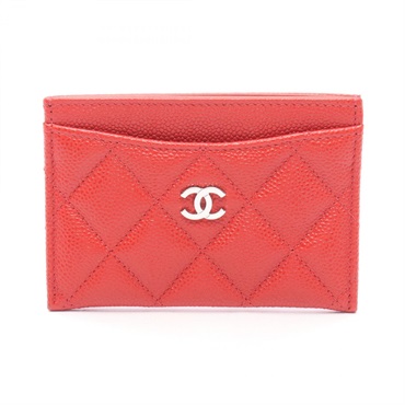 CHANEL Matelasse Card Case Calfskin Red SHW Used Women
