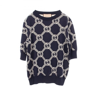 GUCCI GG Jacquard Short Sleeveed Knitwear Sweater wool Navy Beige Used size XS
