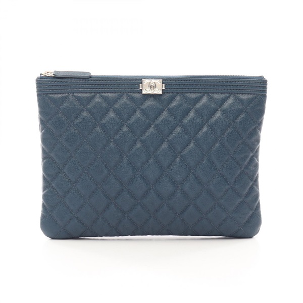 CHANEL Boy Chanel Business Clutch Bag Pouch Grained Calf leather Navy SHW Used
