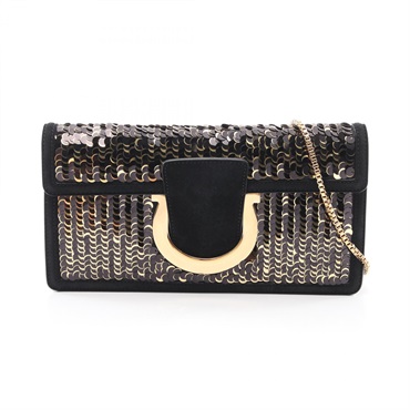 Salvatore Ferragamo Gancini Chain Shoulder Bag 21 G704 Suede Sequin Black Used