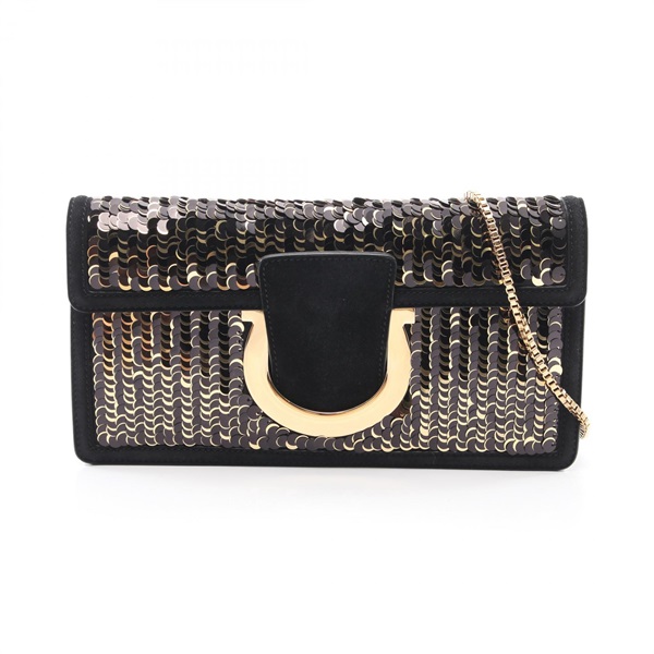 Salvatore Ferragamo Gancini Chain Shoulder Bag 21 G704 Suede Sequin Black Used