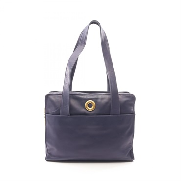 CELINE Circle logo Tote Bag leather Navy Used Women