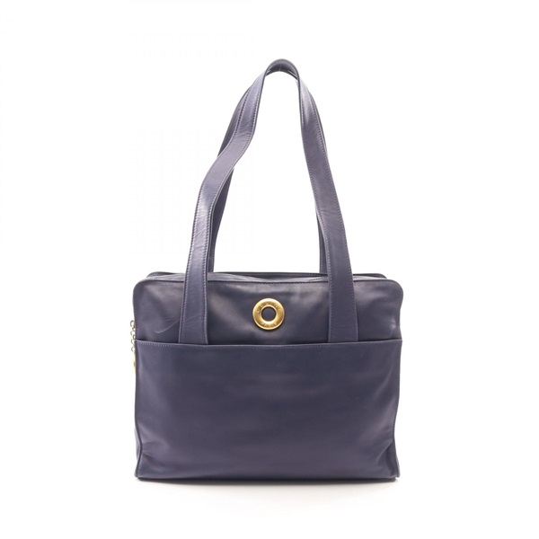 CELINE Circle logo Tote Bag leather Navy Used Women