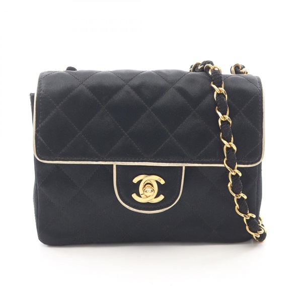 CHANEL Mini Matelasse chain Shoulder Bag Fabric leather Black Gold Used GHW