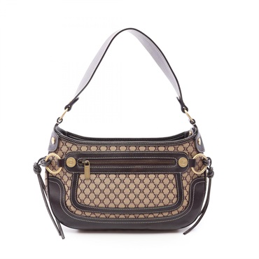 CELINE Macadam single strap Shoulder Bag canvas leather Beige Brown Used Women