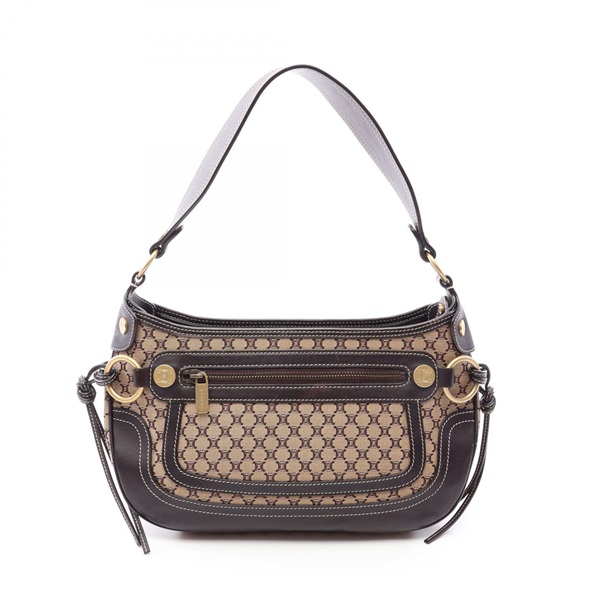 CELINE Macadam single strap Shoulder Bag canvas leather Beige Brown Used Women