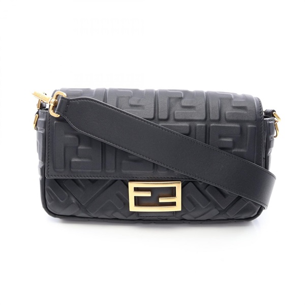 FENDI FF Embossed Baguette Shoulder Bag 8BR600AT57F15ZW leather Black Used Women