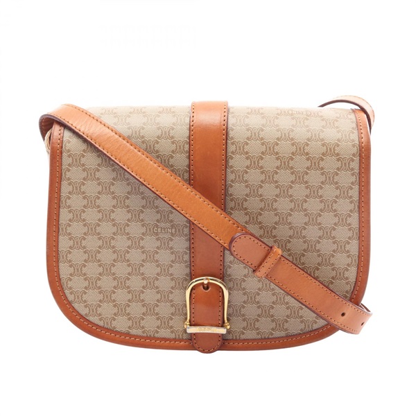 CELINE Macadam Crossbody Shoulder Bag canvas leather Beige Brown Used Women