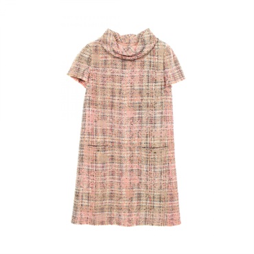 CHANEL COCO Mark Button Tweed Dress #38 P26903V17338 wool Rayon Pink Used CC