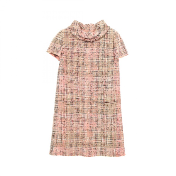 CHANEL COCO Mark Button Tweed Dress #38 P26903V17338 wool Rayon Pink Used CC