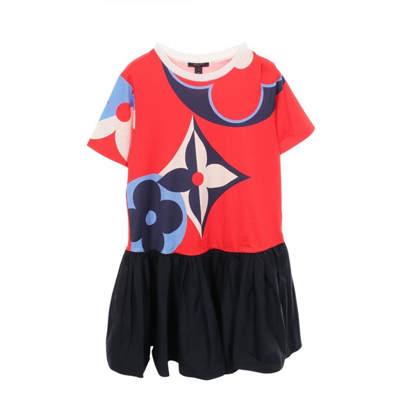 LOUIS VUITTON Game On Asymmetrical Baby Doll Color Block Dress cotton Red #S LV