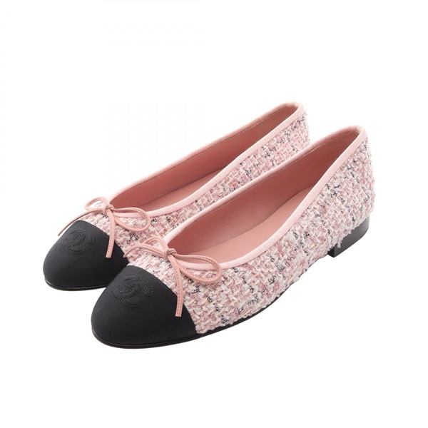 CHANEL Ballerina Flat Pumps Shoes #38 G02819 Fabric Pink Black Used Women CC