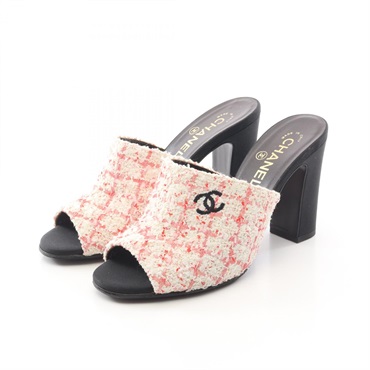 CHANEL COCO Mark Tweed Heeled Sandals Shoes #38 G45611 Fabric Pink White Used CC
