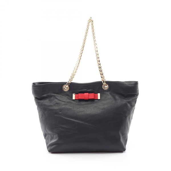 Valentino Ribbon Chain Shoulder Tote Bag leather Navy Red GHW Used Women