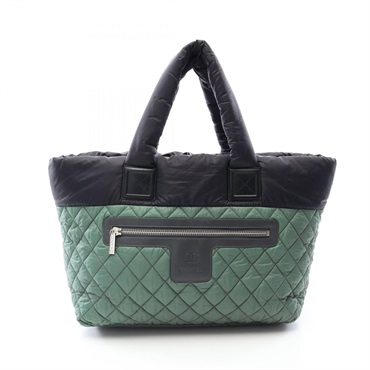 CHANEL Coco Cocoon MM Tote Handbag A48611 Nylon leather Black Green Used Women