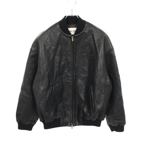 Miu Miu Logo patch Zipped Blouson Jacket MPV905 leather Black Used Women size 36