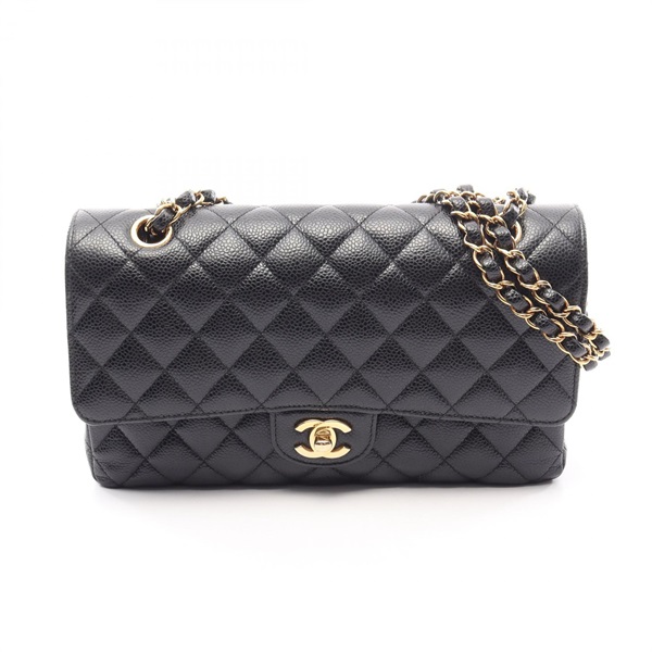 CHANEL Matelasse Double Flap Chain Shoulder Bag A01112 Calfskin Black GHW Used