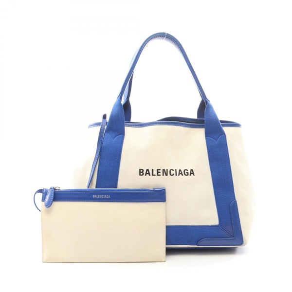 BALENCIAGA NAVY CABAS S Tote Bag 339933 canvas leather White Blue