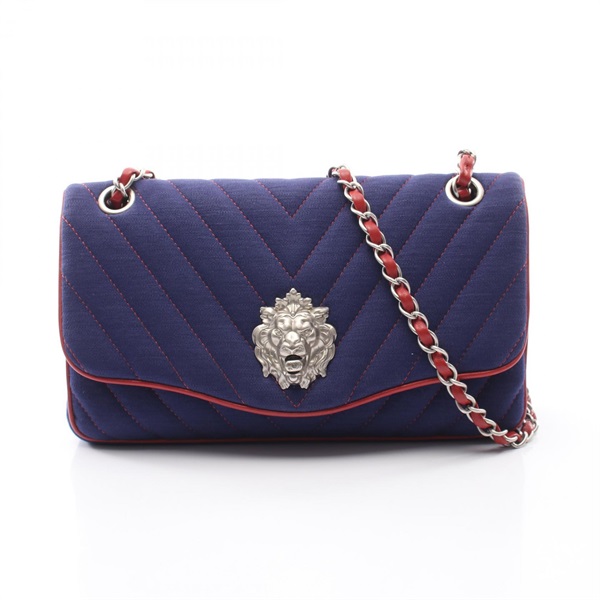 CHANEL Chevron V Stitch Lion Chain Shoulder Hadnbag leather Fabric Navy Red Used