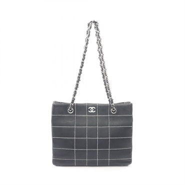 CHANEL Chocolate bar Chain Shoulder Tote Bag leather Navy SHW Used Women CC
