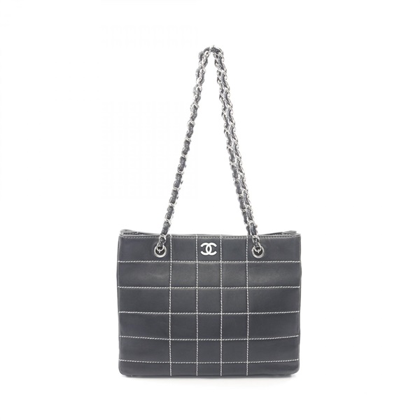 CHANEL Chocolate bar Chain Shoulder Tote Bag leather Navy SHW Used Women CC