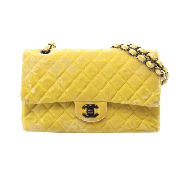 CHANEL Matelasse Double Flap Chain Shoulder Crossbody Handbag Fabric Yellow Used