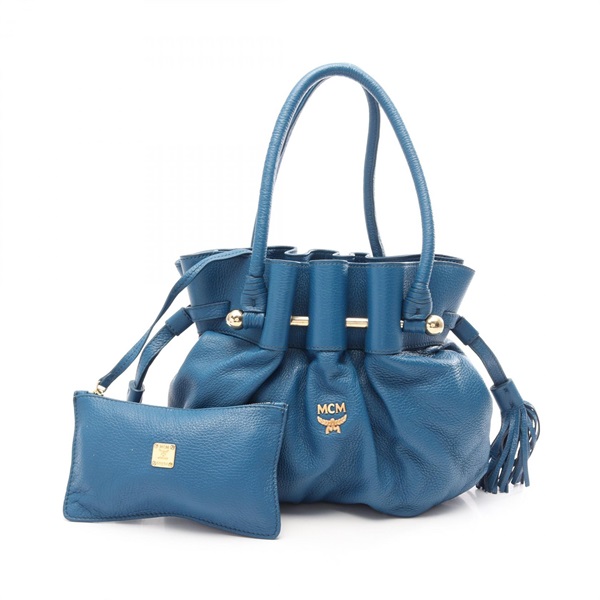 MCM Shoulder drawstring hand Bag purse leather Blue Used Women