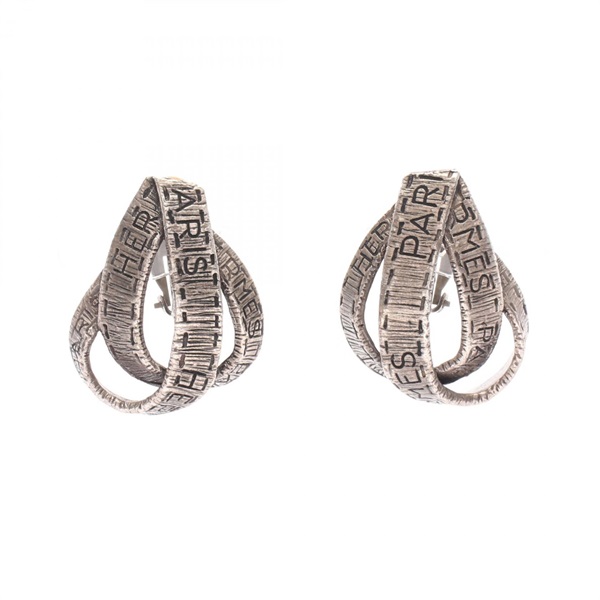 HERMES Ribbon Earring metal Silver Used SHW Women