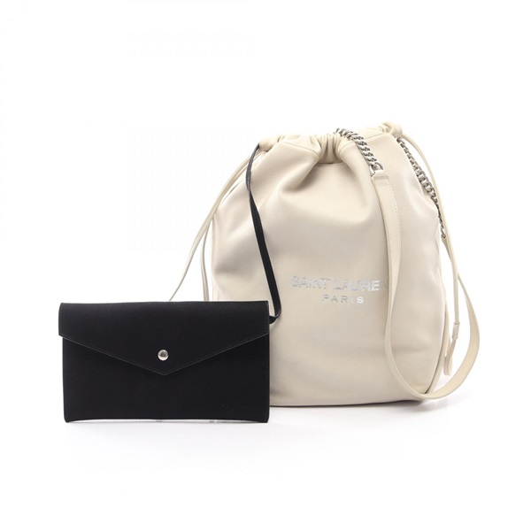 SAINT LAURENT PARIS TEDDY Drawstring Shoulder Bag with pouch leather Beige Used