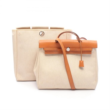 HERMES Herbag MM shoulder Handbag B Toile H canvas leather Ecru natural Used SHW