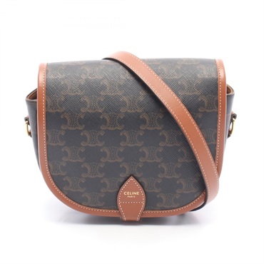 CELINE Folco Medium Triomphe Shoulder crossbody Bag canvas leather Black Brown