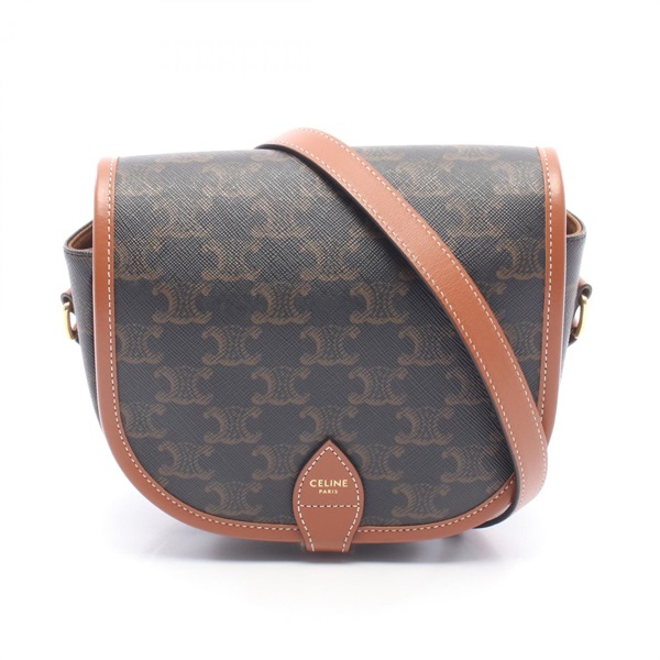 CELINE Folco Medium Triomphe Shoulder crossbody Bag canvas leather Black Brown