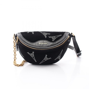 BALENCIAGA Souvenir Rhinestones Waist bum belt bag 565510 leather Fabric Black