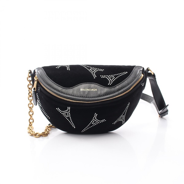 BALENCIAGA Souvenir Rhinestones Waist bum belt bag 565510 leather Fabric Black