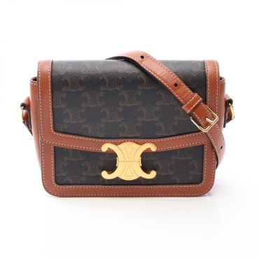 CELINE Teen Triomphe Shoulder crossbody Bag canvas leather Black Brown Used