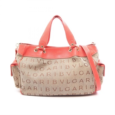 BVLGARI Logo mania Shoulder Crossbody Handbag canvas leather Beige Pink Used