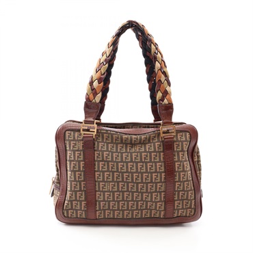 FENDI Zucchino Shoulder Handbag canvas leather Khaki Brown Used Women