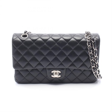 CHANEL Matelasse Double Flap Chain Shoulder Handbag Lamb leather Black SHW Used
