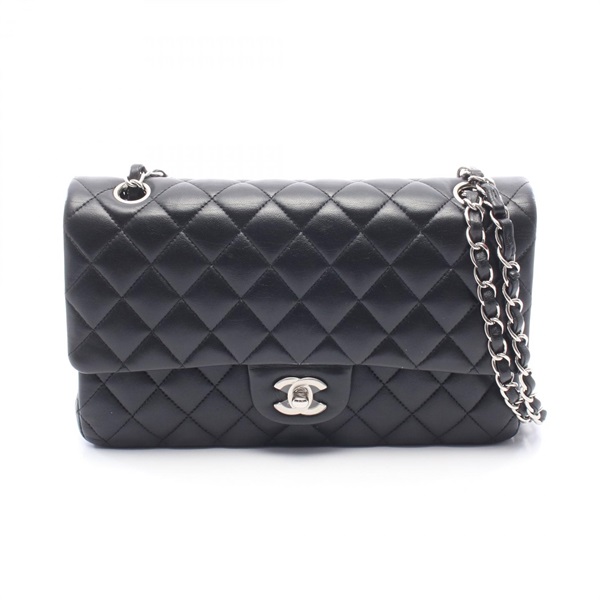 CHANEL Matelasse Double Flap Chain Shoulder Handbag Lamb leather Black SHW Used