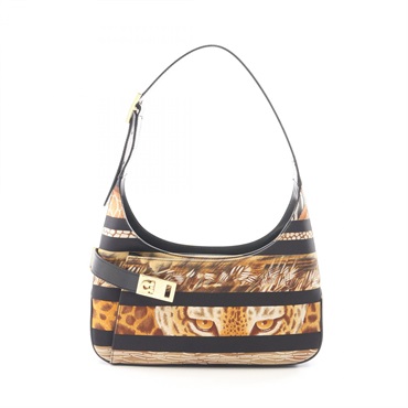 Salvatore Ferragamo Gancini Animal Shoulder Bag canvas leather Brown Black Used
