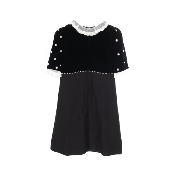 Miu Miu Pearl lace Velvet Panel Short sleeved Dress #38 Rayon Black White Used