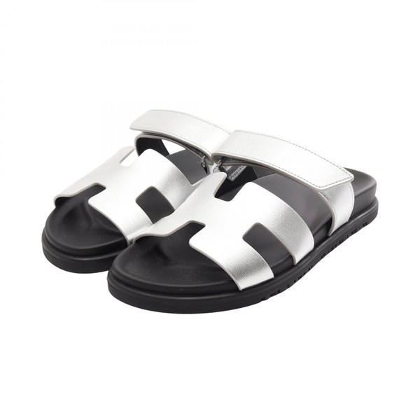 HERMES Chypre Sandals Flat Shoes #38 leather Silver Women