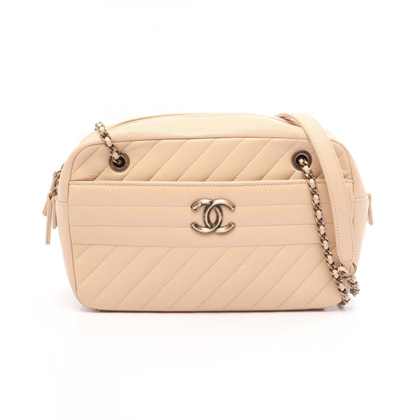 CHANEL Bias stitch chain Shoulder hand Bag leather Beige antique gold hardware